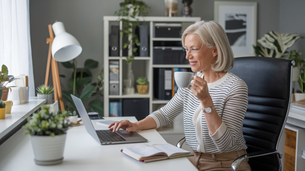 Best Side Hustles for Boomers Woman sitting in front of a laptop, drinking from a coffee cup.