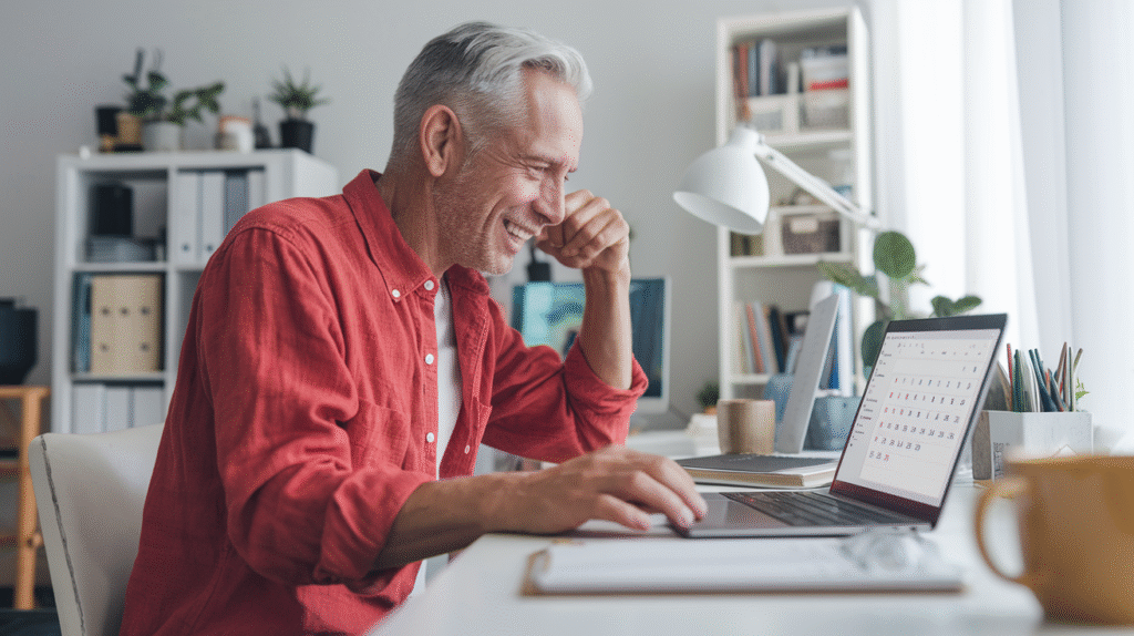 Digital Tools - Boomer man in red shirt sitting in front of a laptop, smiling.