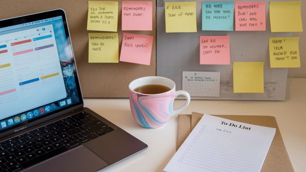 Digital Tools desk, laptop, cup of tea and sticky notes.