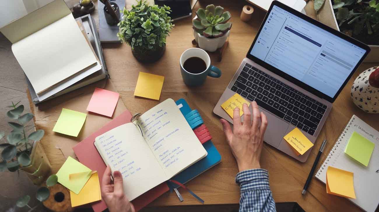 Digital Tools: The Top 10 - Top down view of desk with laptop, appt. book and sticky notes.
