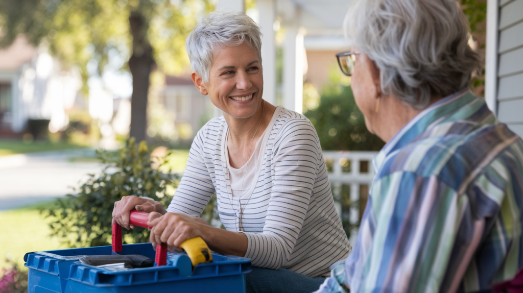 Easy Ways to Make Money Fast - Woman with a tool box chatting on the front porch of a neighbor 