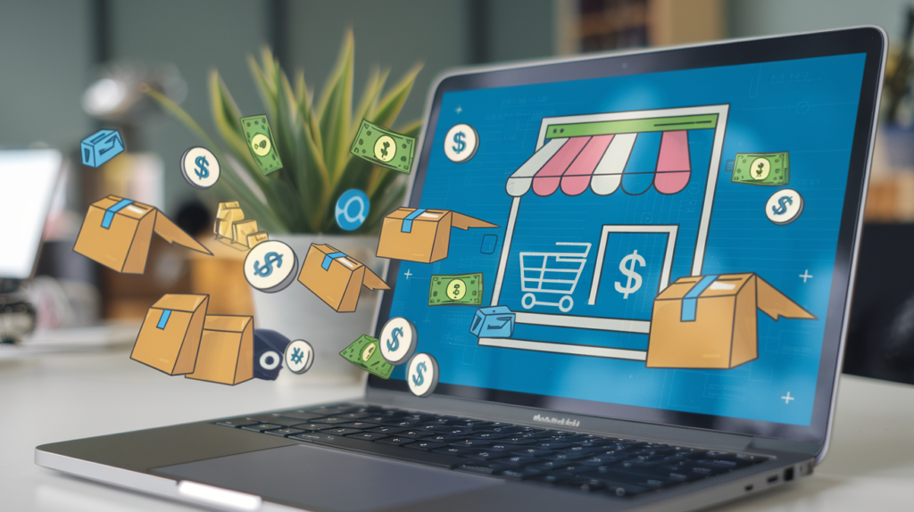 Illustrated concept of a laptop with digital storefront icons floating out of the screen—boxes, cart, shipping icons, money signs. - Laptop with ecommerce symbols 