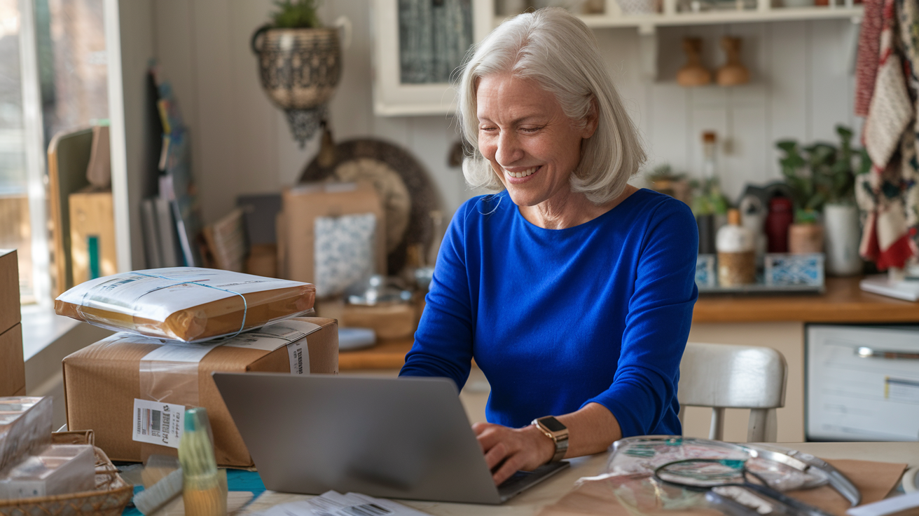 Make Fast Money by Selling Online - Female Boomer surrounded by packages to mail and handcrafted items, working on a laptop.