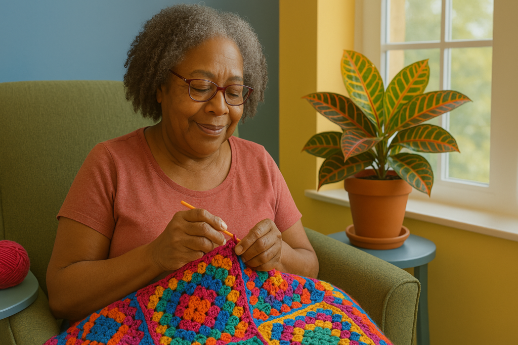 Money-Making Hobbies - woman sitting in chair crocheting an afghan.