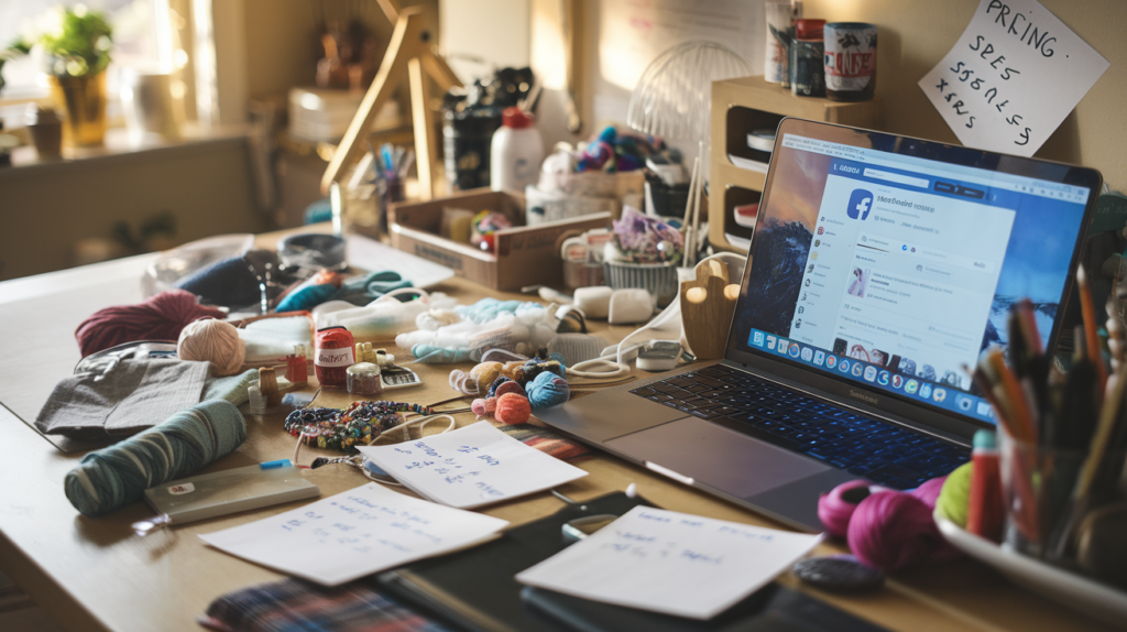 Money Making Hobbies - Workspace cluttered with craft supplies with a laptop open to a Facebook page.