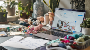 Money Making Hobbies - A desk cluttered with hobby supplies, a laptop open to an Etsy shop, with notes about pricing or sales, suggests a successful hobby-to-hustle transformation.