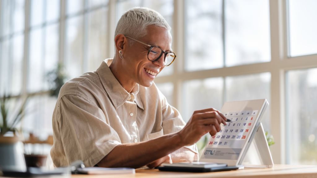 Quick Gigs: - Boomer woman using a calendar. 
