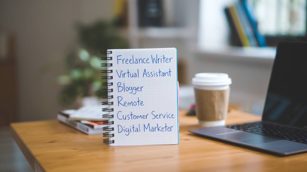 Online Jobs: Working From Home and Loving It - Notepad on desk with cup of coffee and laptop