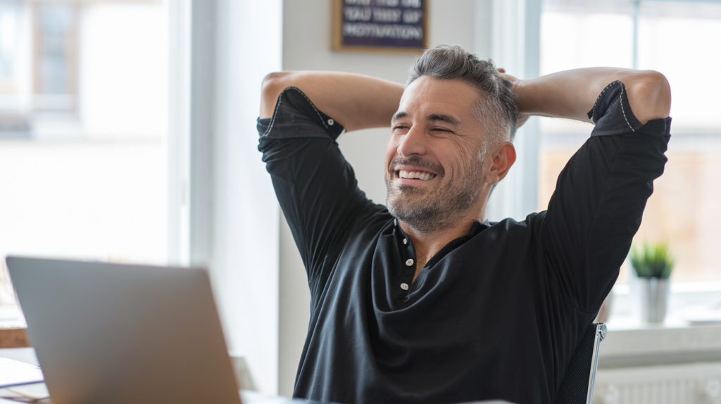 Online Jobs: Working From Home and Loving It - Boomer man stretching arms above head sitting at desk smiling.