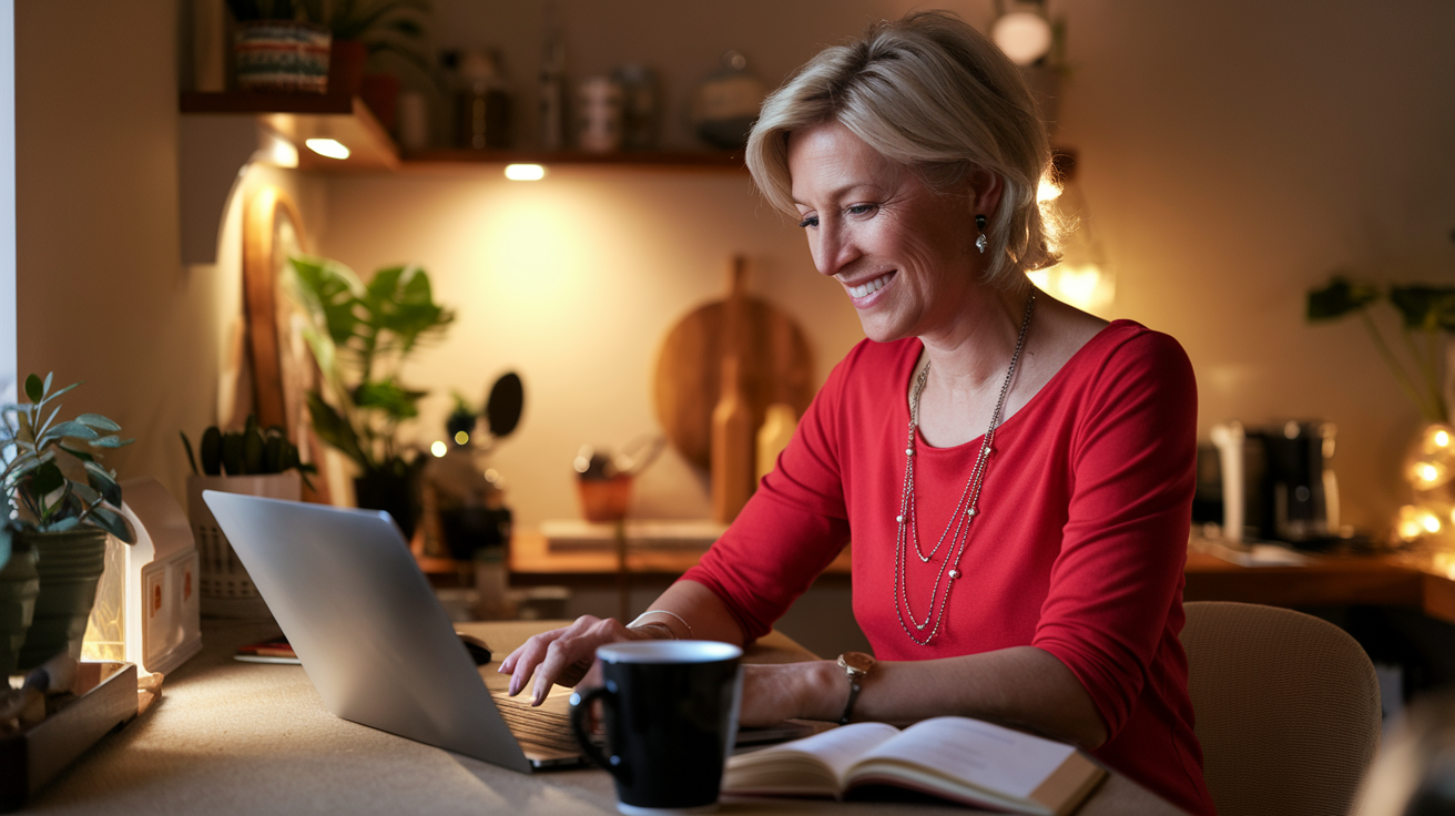 Online Jobs: Working From Home and Loving It - Smiling Boomer woman sitting at desk with a cup of coffee working on a laptop.