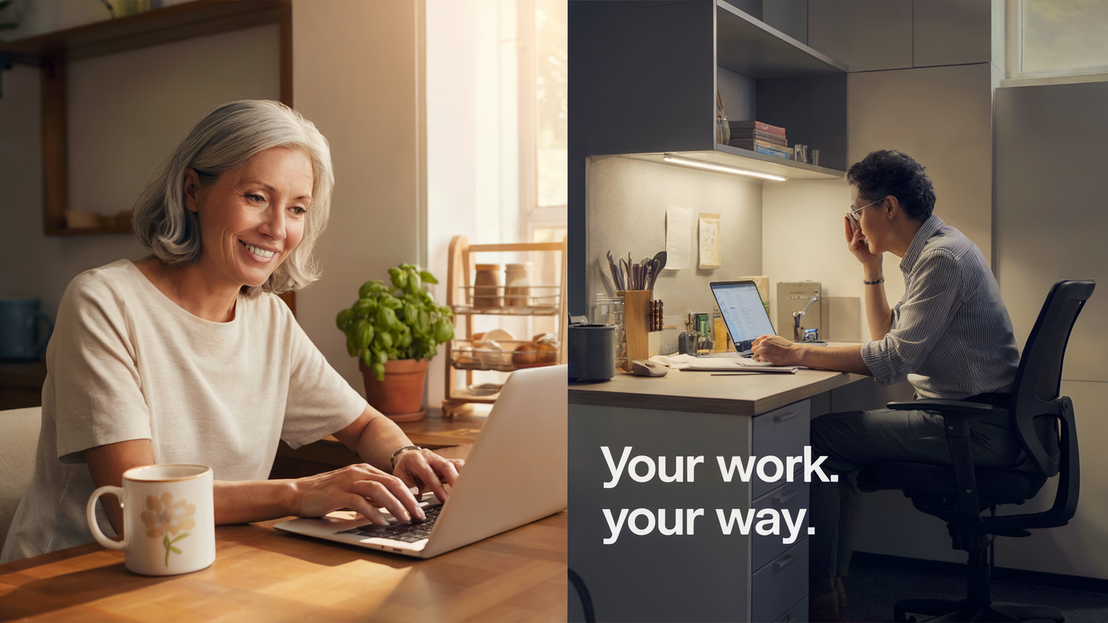 Retirement Gig Economy Opportunities = Split screen of happy Boomer woman vs stress man in work cubical