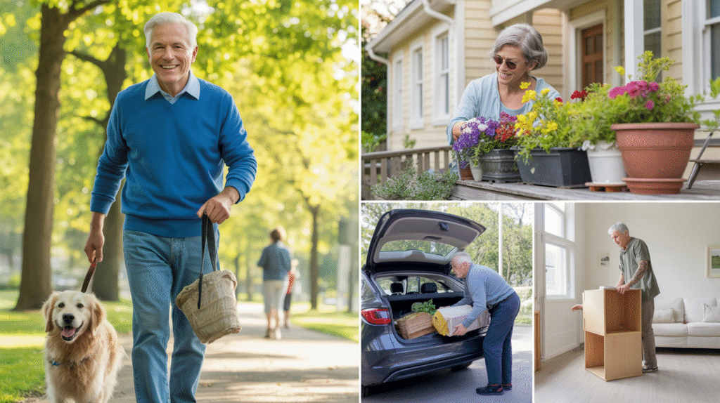 Retirement Gig Economy Opportunities - 4 image collage of Boomer walking dog, Boomer watering plants, Boomer loading groceries into trunk, Boomer building furniture.
