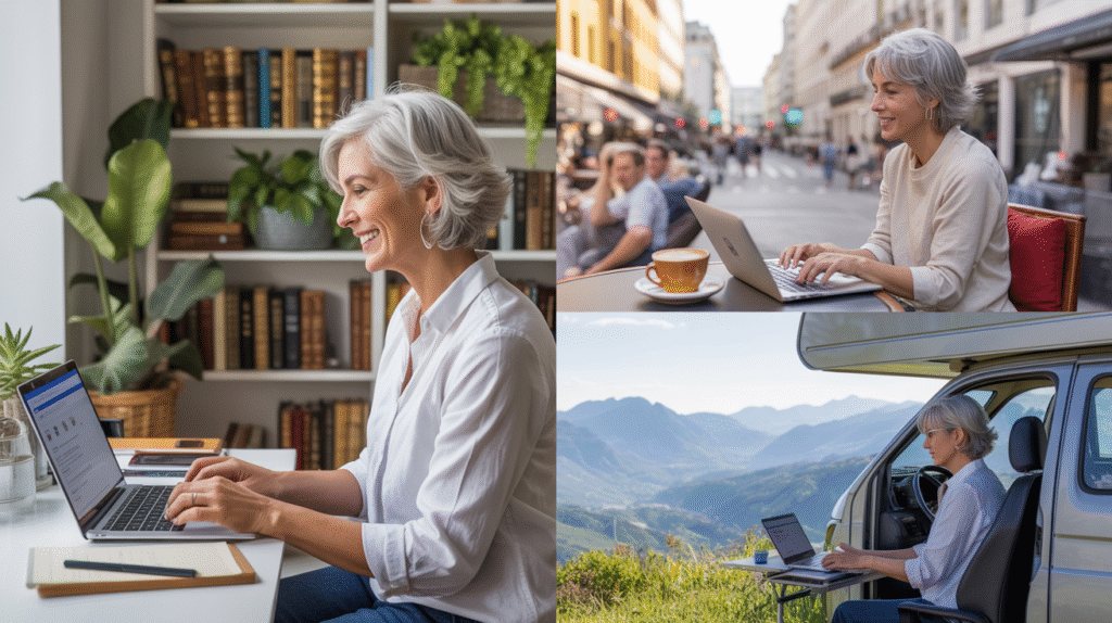 Retirement Gig Economy Opportunities 3 image collage Boomer woman in home office, coffee cafe, and RV.